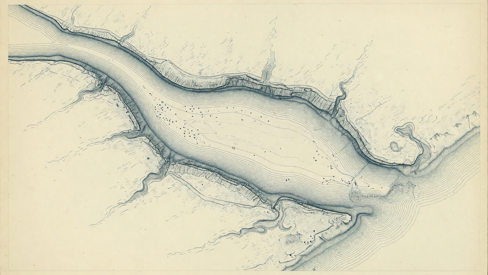 An engraved survey chart of a tidal channel at ebb, depth contours winding toward open water.